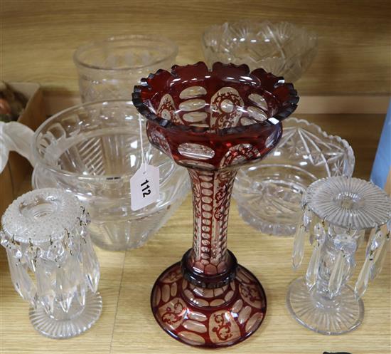 Two glass lustres, an overlaid glass vase and four cut glass bowls